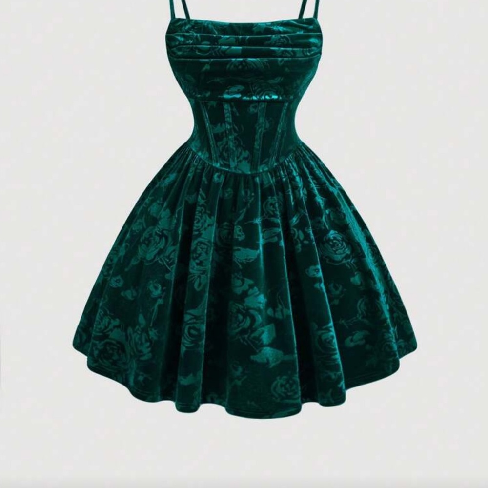 Green Velvet Floral Fit-and-Flare Dress with Corset Bodice